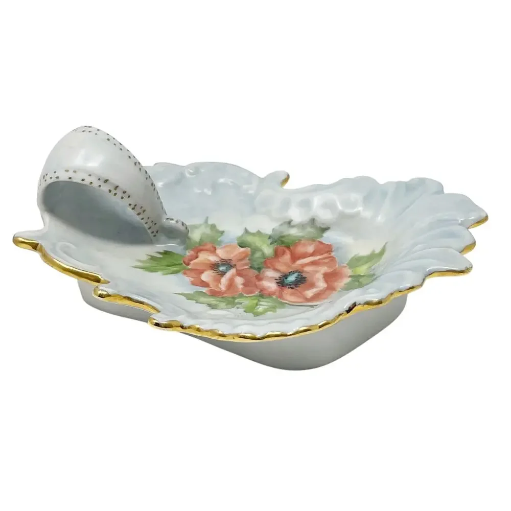 Vintage Pastel Blue Trinket Soap Jewelry Dish Red Poppies w Gold Trim 6 Inch MCM